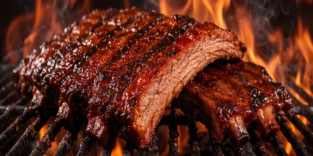 Ребра BBQ на грилі у вогні